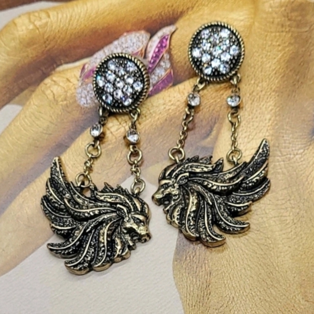 Vintage Estate Signed Heidi Daus Crystal Fierce Lion Gold Dangle Earrings
